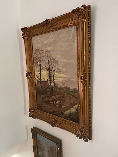 Large French oil painting in antique frame