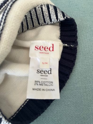 Seed Heritage White,  Navy & silver metallic cotton beenie hat Sz S/M EUC