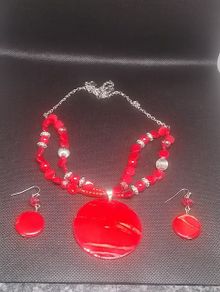 Bohemian Ethnic Style Red Pendant Necklace and Earring Set 3PCS Free Postage