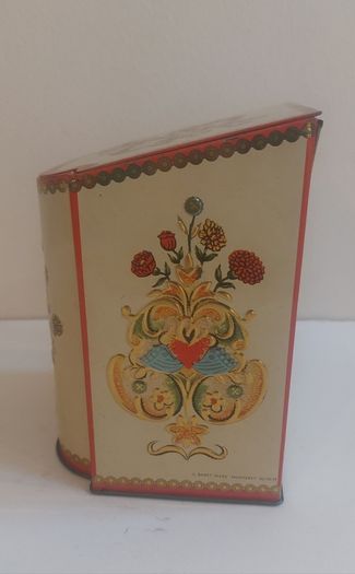 Funky Retro Mid-Century 1950's Tin Tea Caddy, with a Stylish Embossed Floral Design an Unusual Shape, with a Cushion Lid, by Baret Ware in the Monetery Design