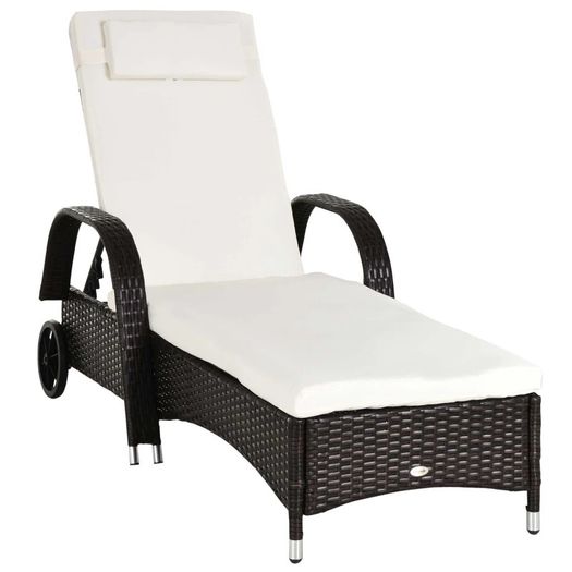 NEW SALE Garden Rattan Furniture Single Sun Lounger Recliner Bed Reclining Chair Patio Outdoor Wicker Weave Adjustable Headrest with Fire Retardant Cushion - Brown