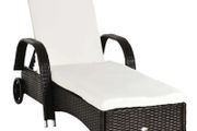 NEW SALE Garden Rattan Furniture Single Sun Lounger Recliner Bed Reclining Chair Patio Outdoor Wicker Weave Adjustable Headrest with Fire Retardant Cushion - Brown