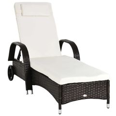 NEW SALE Garden Rattan Furniture Single Sun Lounger Recliner Bed Reclining Chair Patio Outdoor Wicker Weave Adjustable Headrest with Fire Retardant Cushion - Brown
