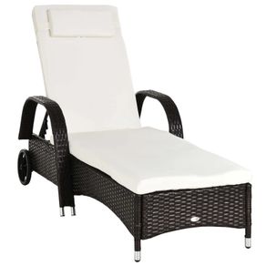 NEW SALE Garden Rattan Furniture Single Sun Lounger Recliner Bed Reclining Chair Patio Outdoor Wicker Weave Adjustable Headrest with Fire Retardant Cushion - Brown