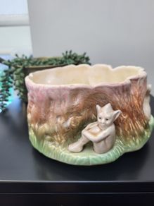 SylvaC Woodland Pixie & Bunny Rabbit Planter 1513, Matt Glaze Treestump Fauna Vase