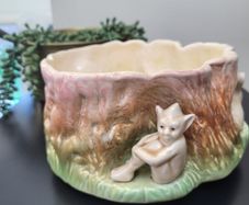 SylvaC Woodland Pixie & Bunny Rabbit Planter 1513, Matt Glaze Treestump Fauna Vase
