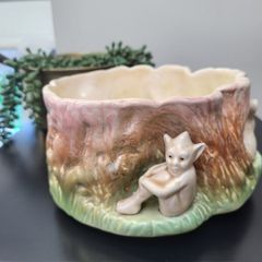 SylvaC Woodland Pixie & Bunny Rabbit Planter 1513, Matt Glaze Treestump Fauna Vase
