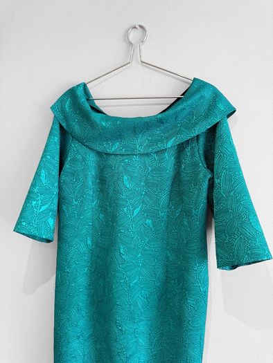 Pre Owned Coco Doll Teal Jacquard Off-The-Shoulder Cocktail Dress