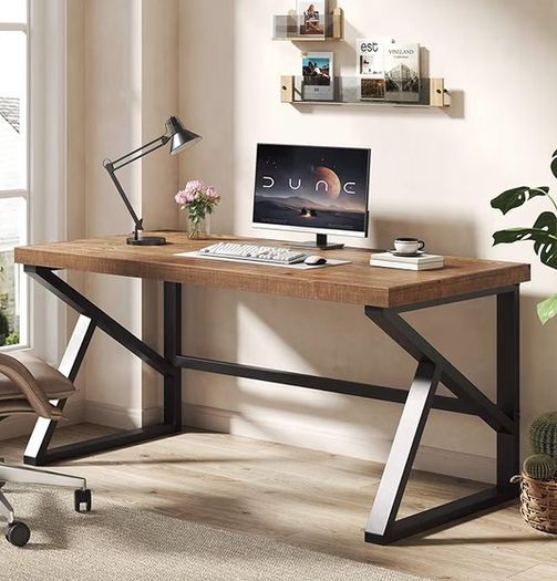 Wood Computer Desk 152cm, Rustic Home Office Desk, Vintage Wooden Study Table, Solid Wood Metal Home Workstation for Writing, Gaming, Work, Brown