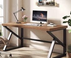 Wood Computer Desk 152cm, Rustic Home Office Desk, Vintage Wooden Study Table, Solid Wood Metal Home Workstation for Writing, Gaming, Work, Brown