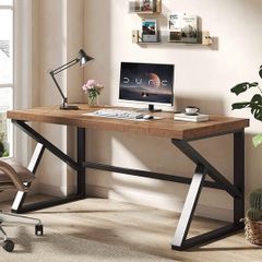 Wood Computer Desk 152cm, Rustic Home Office Desk, Vintage Wooden Study Table, Solid Wood Metal Home Workstation for Writing, Gaming, Work, Brown