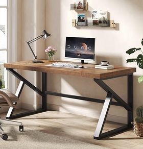 Wood Computer Desk 152cm, Rustic Home Office Desk, Vintage Wooden Study Table, Solid Wood Metal Home Workstation for Writing, Gaming, Work, Brown