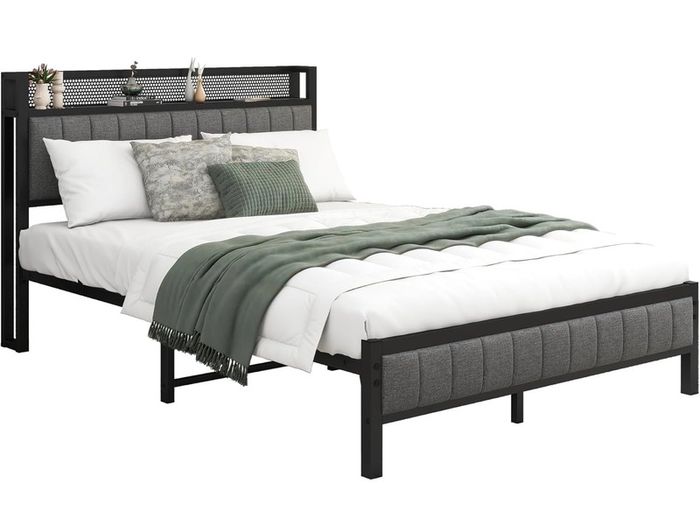 4ft6 Double Bed Frame With Storage Headboard, Dark Grey Upholstered Platform Bed Frame,Mattress Foundation,Metal Slat Support,No Box Spring Needed