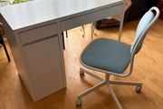 IKEA MICKE Desk, white, 105x50 cm AND light blue desk chair