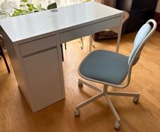 IKEA MICKE Desk, white, 105x50 cm AND light blue desk chair