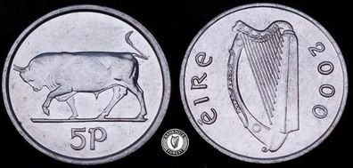[#2550] - Ireland 2000 | Irish 5 Pence | Bull | KM.28 | MS
