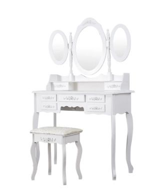 BRAND NEW 7 Drawers Retro Carved Dressing Table With Stool,Tri-Fold,Adjustable Makeup Mirrors,Europe Style Bedroom Furniture