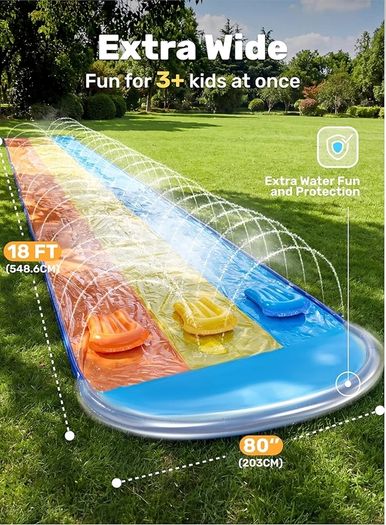 18ft/548cm Triple Lanes Water Slides and 3 bodyboards, Backyard Lawn Water Slides with Sprinkler for Kids Adults Outdoor Water Toy fun in summer for Kids Adults