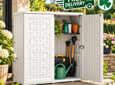 Outdoor Resin Storage Cabinet White Waterproof Garden Storage Shed with Lockable Doors