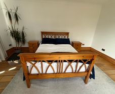 Solid pine double bed + mattress + matching lockers
