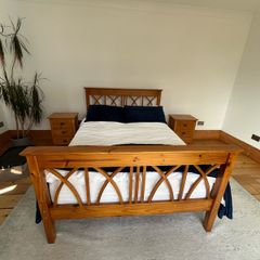 Solid pine double bed + mattress + matching lockers