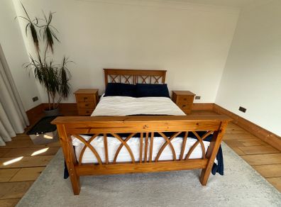 Solid pine double bed + mattress + matching lockers