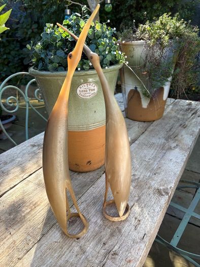 MID CENTURYPAIR OF CRANES hand carved Buffalo / cow horn