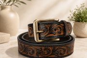 Unisex Genuine Leather Belt Vintage Embossed Design with Antique Buckle Casual &amp; Formal Waist Belt
