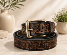 Unisex Genuine Leather Belt Vintage Embossed Design with Antique Buckle Casual & Formal Waist Belt