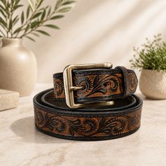 Unisex Genuine Leather Belt Vintage Embossed Design with Antique Buckle Casual & Formal Waist Belt