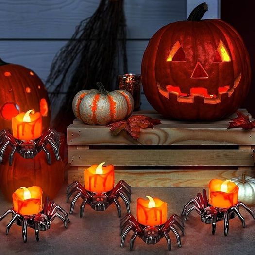Spider Tea Lights Set of 6 Flameless LED Candles for Spooky Halloween Decor with Spider Candle Holder, Orange Flickering Tea Lights