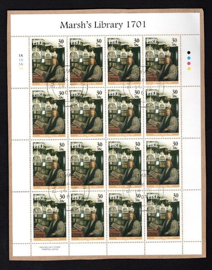 2001 Ireland Literary Anniversaries Stamp Sheetlet (Marsh's Library 1701 & First Book Printed in Ireland 1551) Plate 1A1A1A1A Fine CDS Used with Dublin cancel of 7th August 2007 (First day of issue)