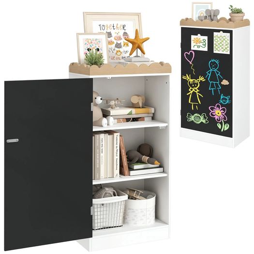 Children's storage unit, toy storage for kids with chalkboard door, 3 cubbies and top shelf, white