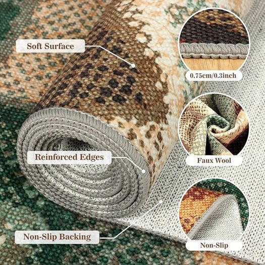 Runner Rugs for Hallway Non Slip 60x300cm, Geometric Washable Kitchen Carpet Runner, Bohemian Long Hall Rug for Entryway Bedroom Laundry Living Room, Low Pile Non Shedding, Brown Green