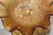 Vintage Carnival Glass Dish - Marigold with leaf design in the centre - 21 cm diameter