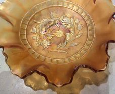 Vintage Carnival Glass Dish - Marigold with leaf design in the centre - 21 cm diameter