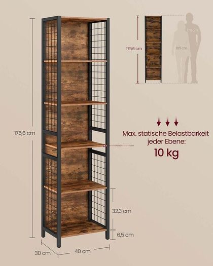 Tall Industrial Bookshelf with 6 Shelves and Hooks Rustic Brown and Black