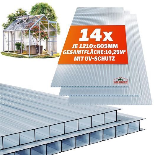 14 x Polycarbonate UV-Resistant, Transparent, Double Wall Sheets, Greenhouse Sheets Hollow Chamber Sheets - 4 mm Thick