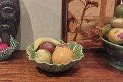 Vintage Mid Century Portuguese Ceramic Majolicaware Cabbage Leaf Bowl Complete with Five Pieces of Fruit by Bordallo Pinheiro, Circa 1950s - Kitschtastic!!!