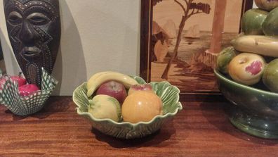 Vintage Mid Century Portuguese Ceramic Majolicaware Cabbage Leaf Bowl Complete with Five Pieces of Fruit by Bordallo Pinheiro, Circa 1950s - Kitschtastic!!!