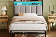 3ft Single Bed Frame with Storage Upholstered Headboard, LED Light &amp; Charging Station