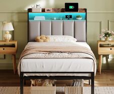 3ft Single Bed Frame with Storage Upholstered Headboard, LED Light & Charging Station