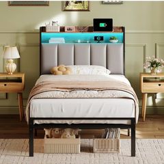 3ft Single Bed Frame with Storage Upholstered Headboard, LED Light & Charging Station