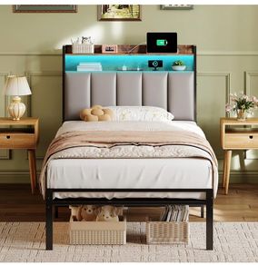 3ft Single Bed Frame with Storage Upholstered Headboard, LED Light & Charging Station