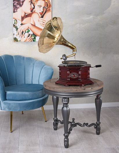 Vintage Gramophone Villa Fitzgerald Replica Wooden Case Brass Horn 1920s Style