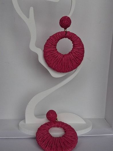 Hot Pink Raffia Woven Stud Hollow Out Woven Hoop Earrings