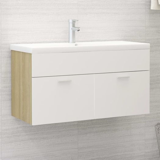 Sink Cabinet with Built-in Basin White and Sonoma Oak Chipboard