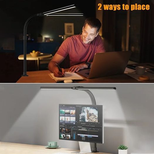 LED Desk Lamp for Study,24W Double Head Desk Lamps Office,Eye Protection Desk Light with Clamp,25 Lighting Modes,Monitor Light Bar for Study/Working/Computer/Reading/Workbench/Painting