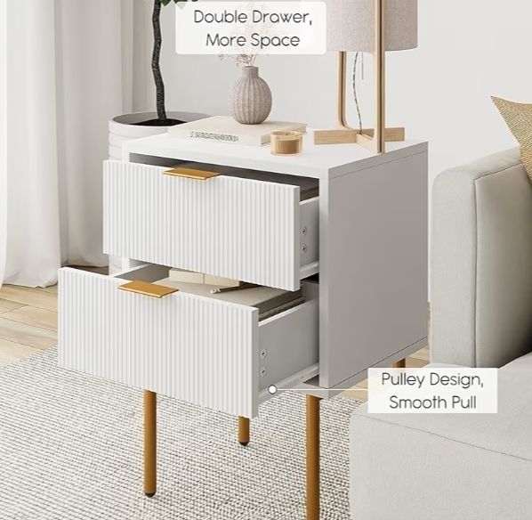 Small Bedside Tables with 2 Drawers, Wooden Nightstand with Gold Legs, Mid-Century Modern Bed Side End Table for Bedroom, Living Room, White