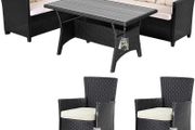 8 Person Polyrattan Corner Lounge, WPC Dining Table Corner Bench, 2 Garden Chairs, 15 cm Cushion, 7 cm Cushions, Weatherproof Outdoor Garden Furniture Set